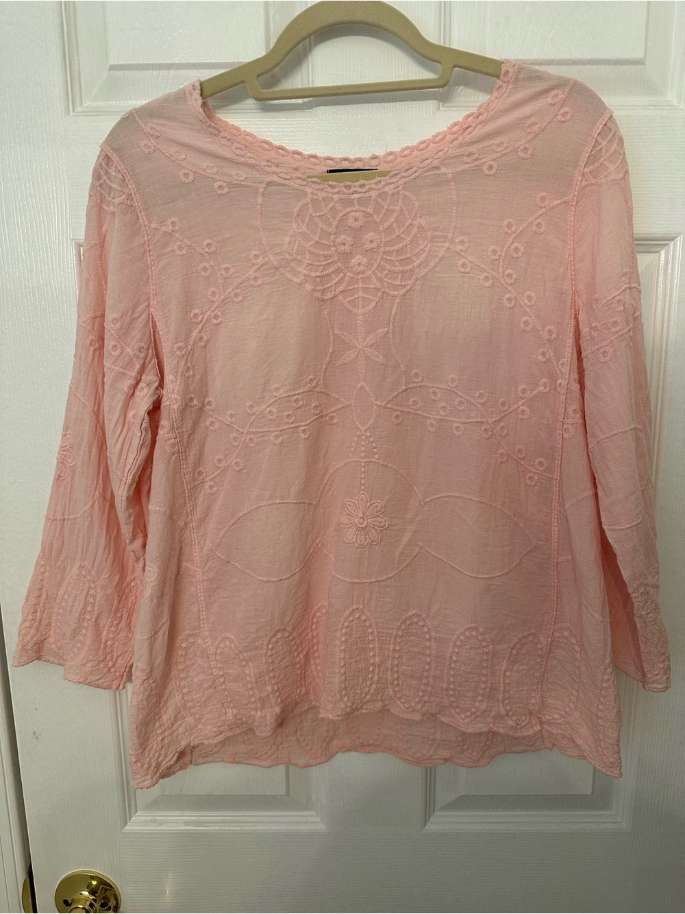 New Directions Pink Cotton Embroidered Eyelet Blouse 3/4 Sleeve Medium